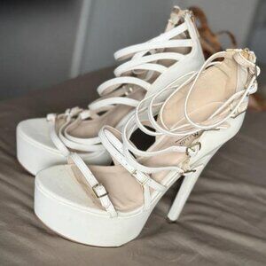 White Strappy Platform Buckle Zip Stiletto Open Toe Heels